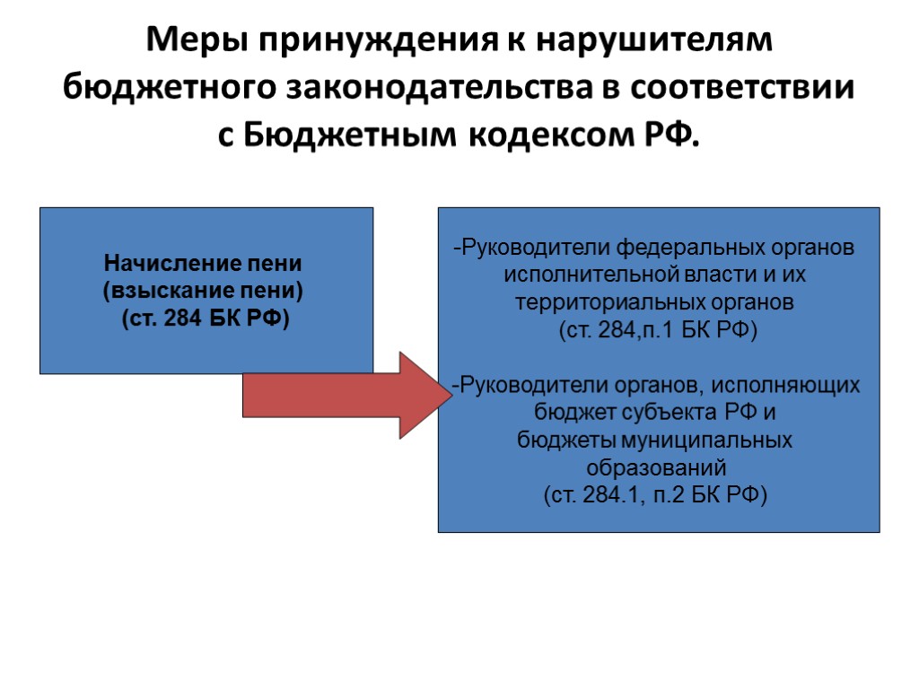 Меры принуждения к нарушителям бюджетного законодательства в соответствии с Бюджетным кодексом РФ. Начисление пени